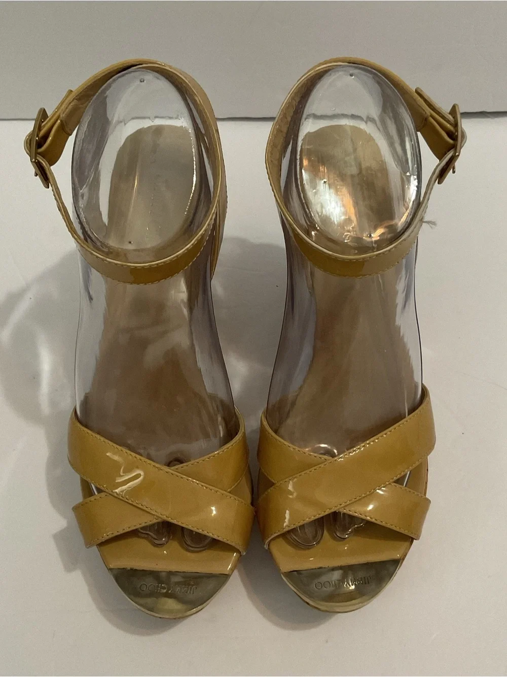 Jimmy Choo Beige Patent Leather Lucia Cross Strap Wedge Platform Sandals Sz 8/38
